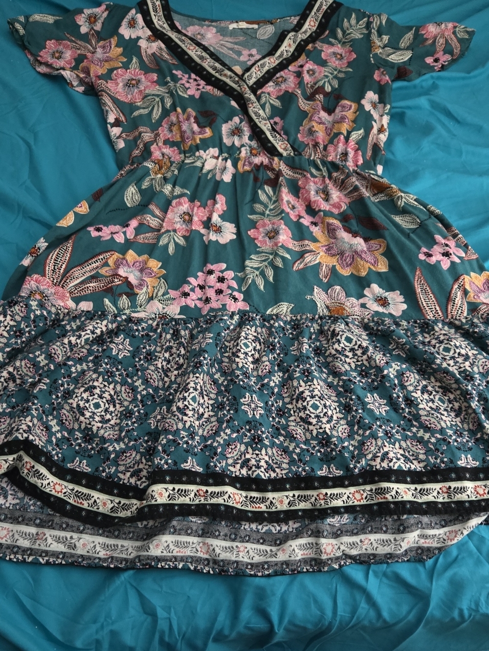 Maurice's Teal Floral Boho V-Neck Dress with Pink & Gold Accents